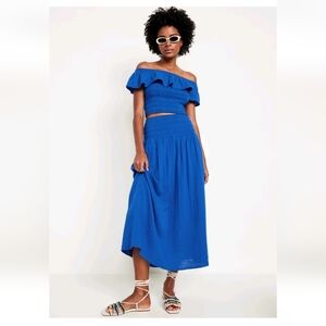 Off-Shoulder Crinkle Gauze Crop Top & High-Waisted Crinkle Gauze Maxi Skirt Set